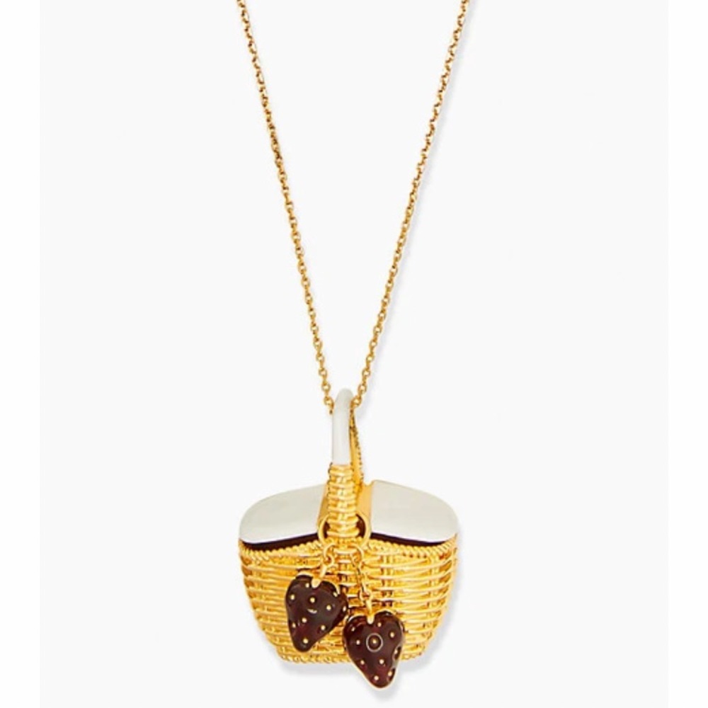 KATE SPADE Picnic Basket PENDANT LONG NECKLACE! Gold Strawberry Summer NWT